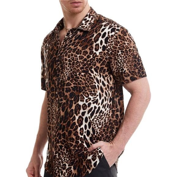 Men's Leopard Printed Disco Shirts Short Sleeve Button Down Casual Shirt - Picture 2 of 7